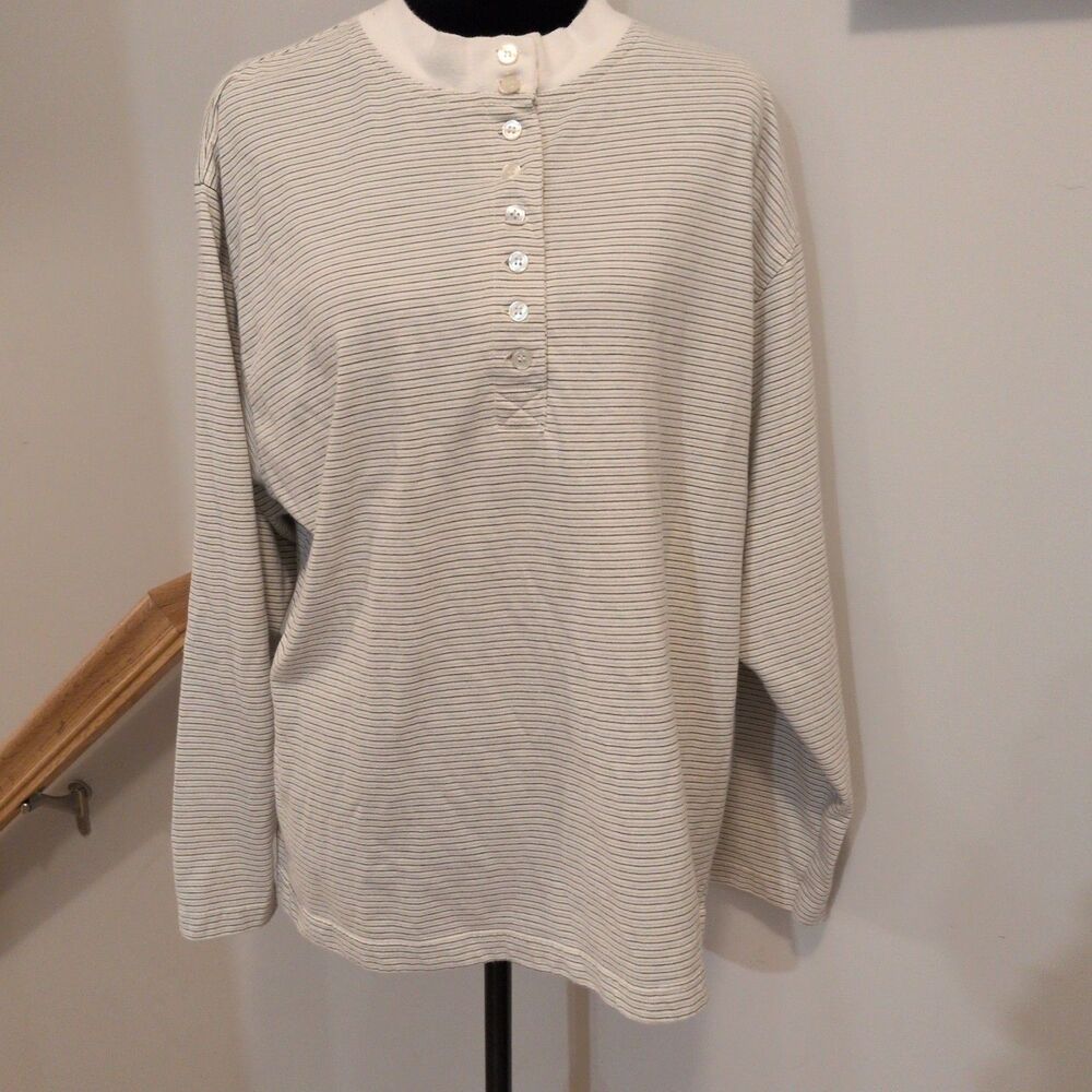 VTG 90s Maggie Lawrence Sport Plus Size 22/24 Striped Henley Shirt Cream Retro